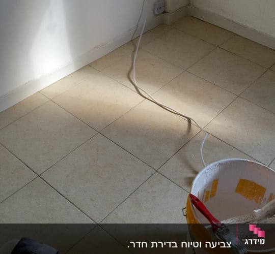 דלי צבע ומברשת על רצפה מרוצפת